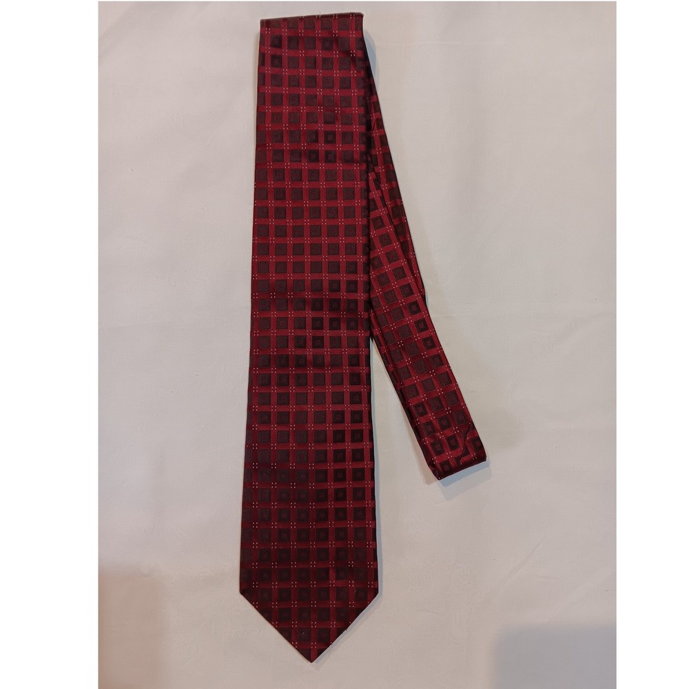 Calvin Klein Premium Mens Silk Tie Burgundy Red Geometric Square Made in USA